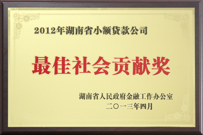 2012年湖南省小額貸款公司最佳社會貢獻獎